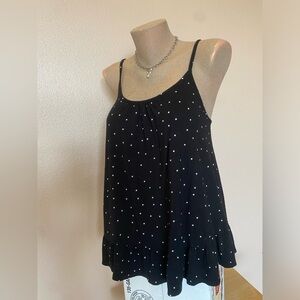 Y2k Flowy Black & White Polka Dot Tank with Low Cut Back & Ruffled Hem